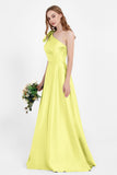One Shoulder Satin Pleated Bridesmaid Dress Long Bowknot Formal Evening Party Dresses Gowns