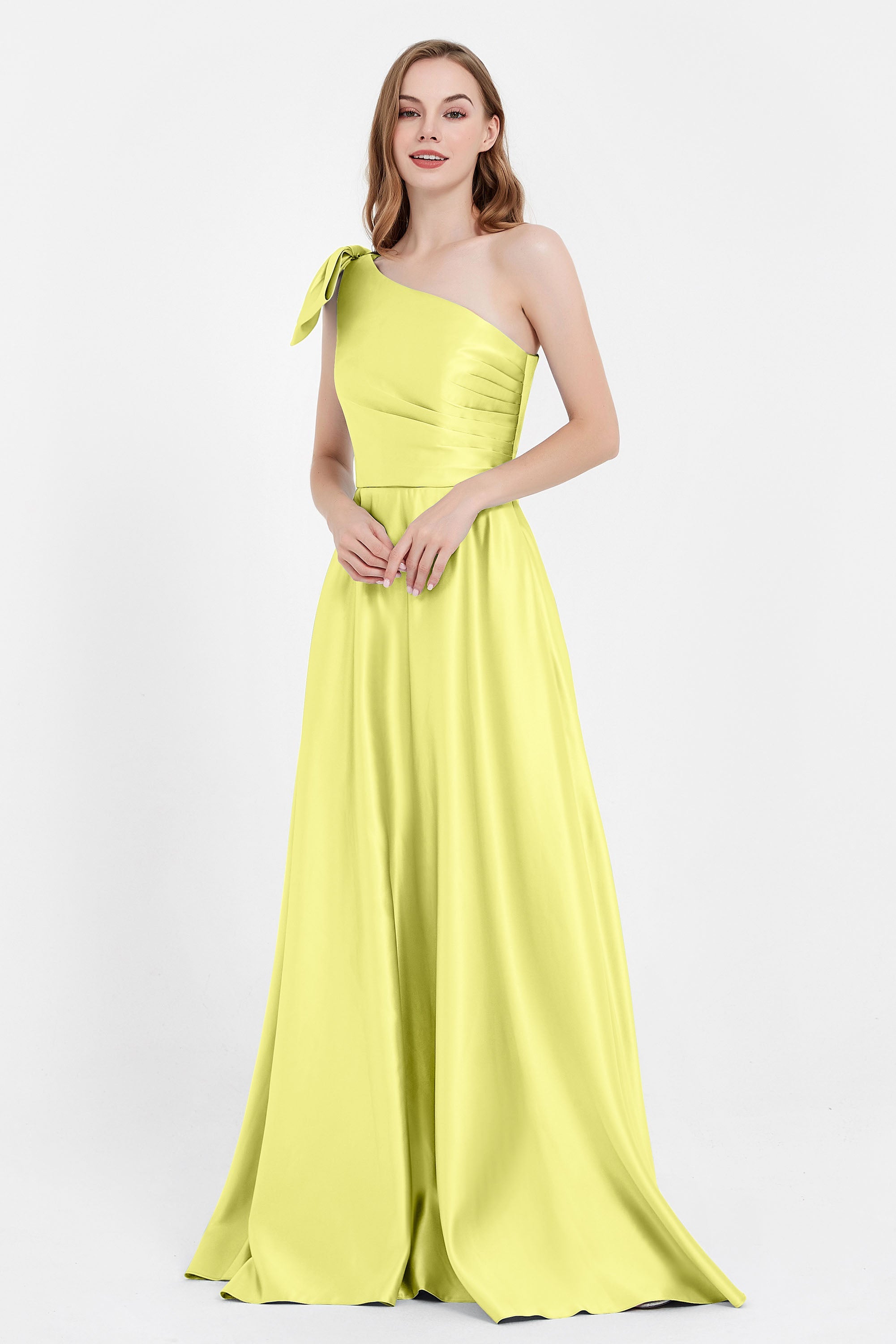 One Shoulder Satin Pleated Bridesmaid Dress Long Bowknot Formal Evening Party Dresses Gowns