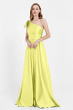 One Shoulder Satin Pleated Bridesmaid Dress Long Bowknot Formal Evening Party Dresses Gowns