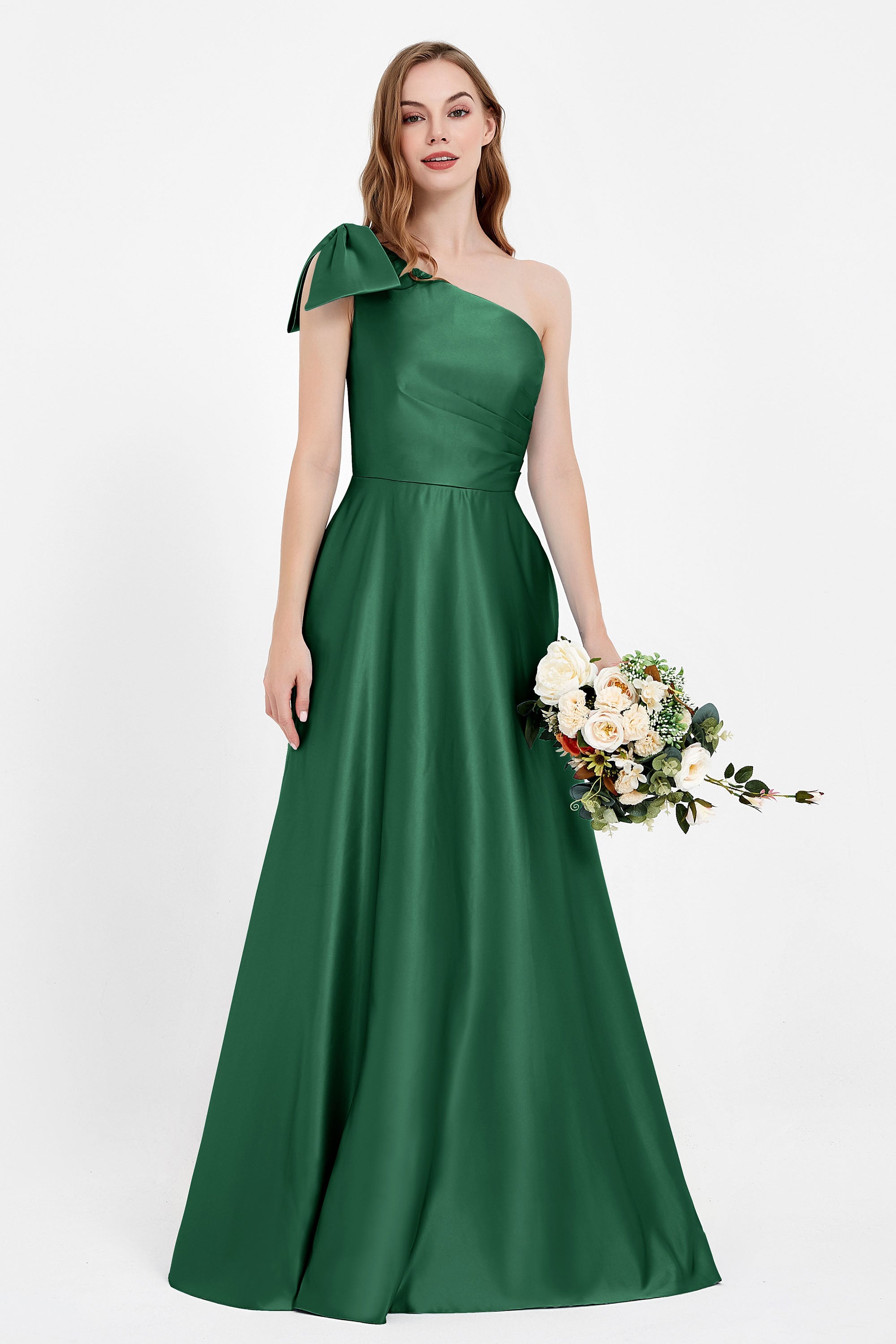 One Shoulder Satin Pleated Bridesmaid Dress Long Bowknot Formal Evening Party Dresses Gowns