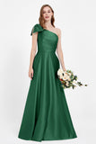 One Shoulder Satin Pleated Bridesmaid Dress Long Bowknot Formal Evening Party Dresses Gowns