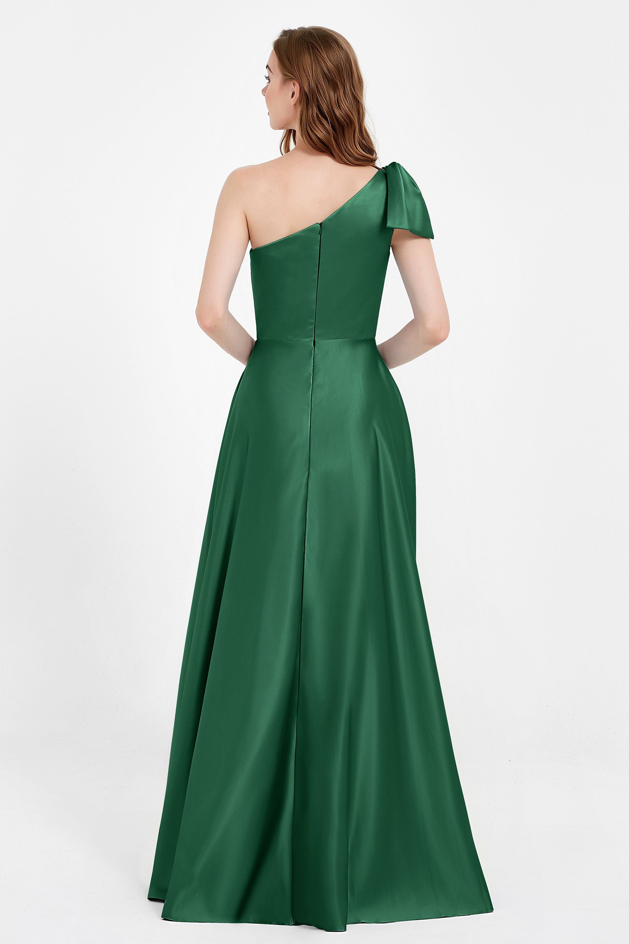 One Shoulder Satin Pleated Bridesmaid Dress Long Bowknot Formal Evening Party Dresses Gowns