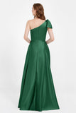 One Shoulder Satin Pleated Bridesmaid Dress Long Bowknot Formal Evening Party Dresses Gowns