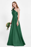 One Shoulder Satin Pleated Bridesmaid Dress Long Bowknot Formal Evening Party Dresses Gowns