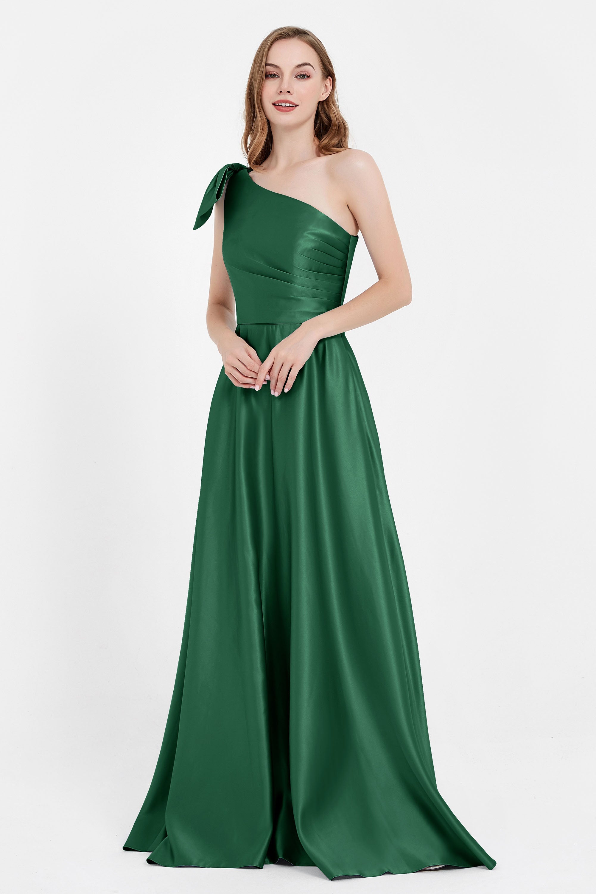 One Shoulder Satin Pleated Bridesmaid Dress Long Bowknot Formal Evening Party Dresses Gowns
