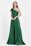 One Shoulder Satin Pleated Bridesmaid Dress Long Bowknot Formal Evening Party Dresses Gowns