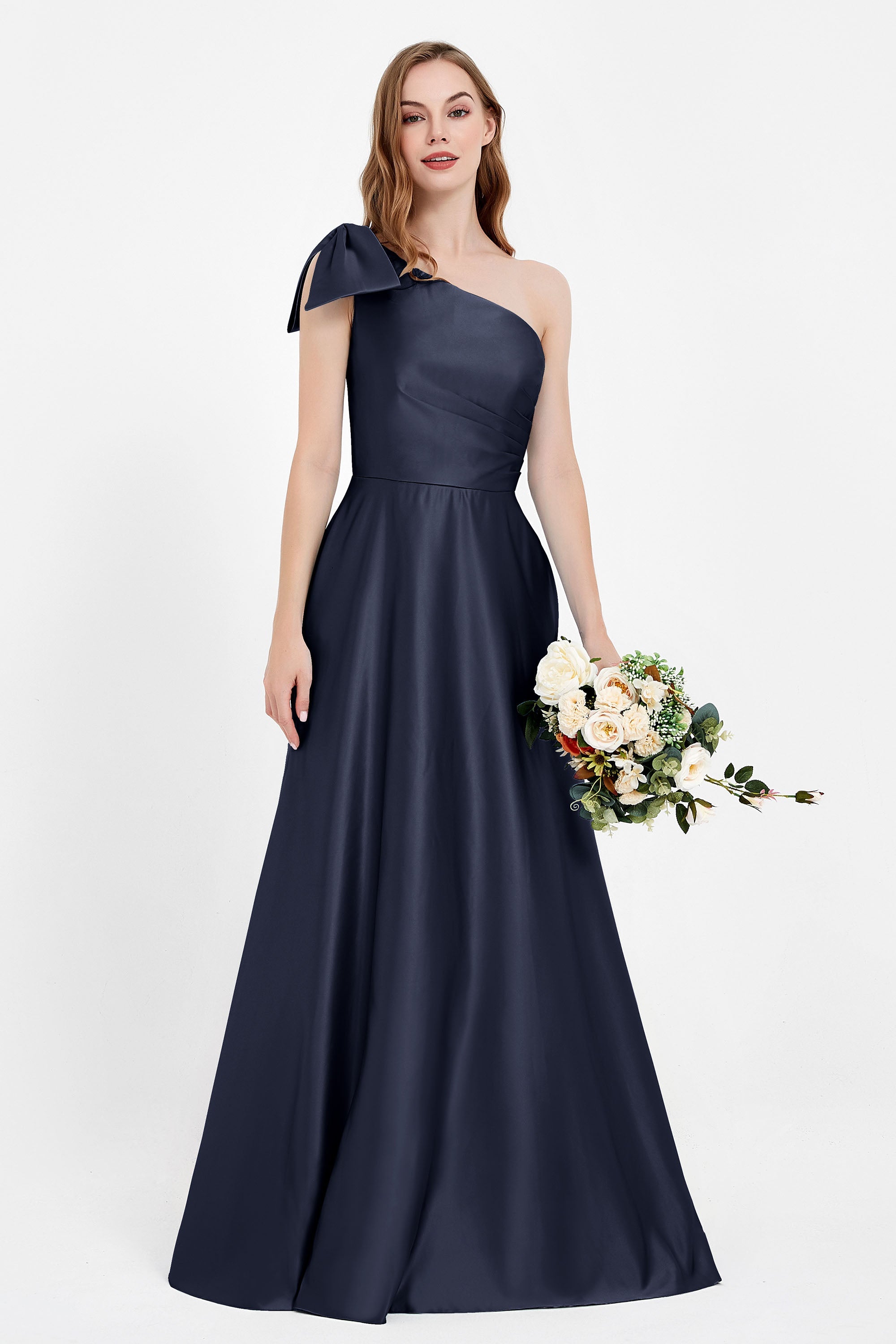 One Shoulder Satin Pleated Bridesmaid Dress Long Bowknot Formal Evening Party Dresses Gowns