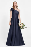 One Shoulder Satin Pleated Bridesmaid Dress Long Bowknot Formal Evening Party Dresses Gowns