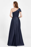 One Shoulder Satin Pleated Bridesmaid Dress Long Bowknot Formal Evening Party Dresses Gowns