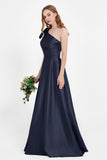 One Shoulder Satin Pleated Bridesmaid Dress Long Bowknot Formal Evening Party Dresses Gowns
