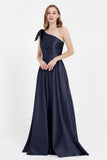 One Shoulder Satin Pleated Bridesmaid Dress Long Bowknot Formal Evening Party Dresses Gowns