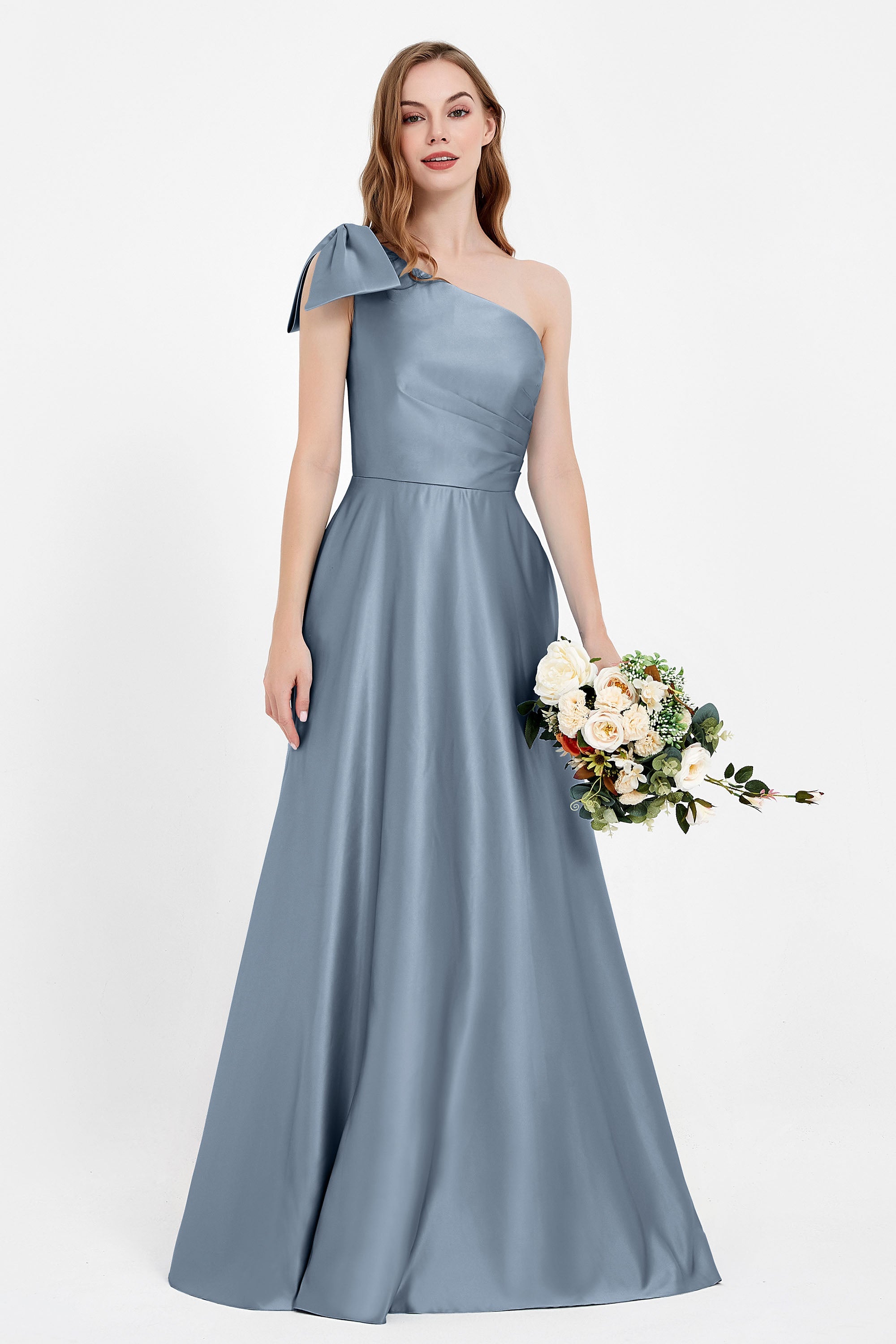 One Shoulder Satin Pleated Bridesmaid Dress Long Bowknot Formal Evening Party Dresses Gowns