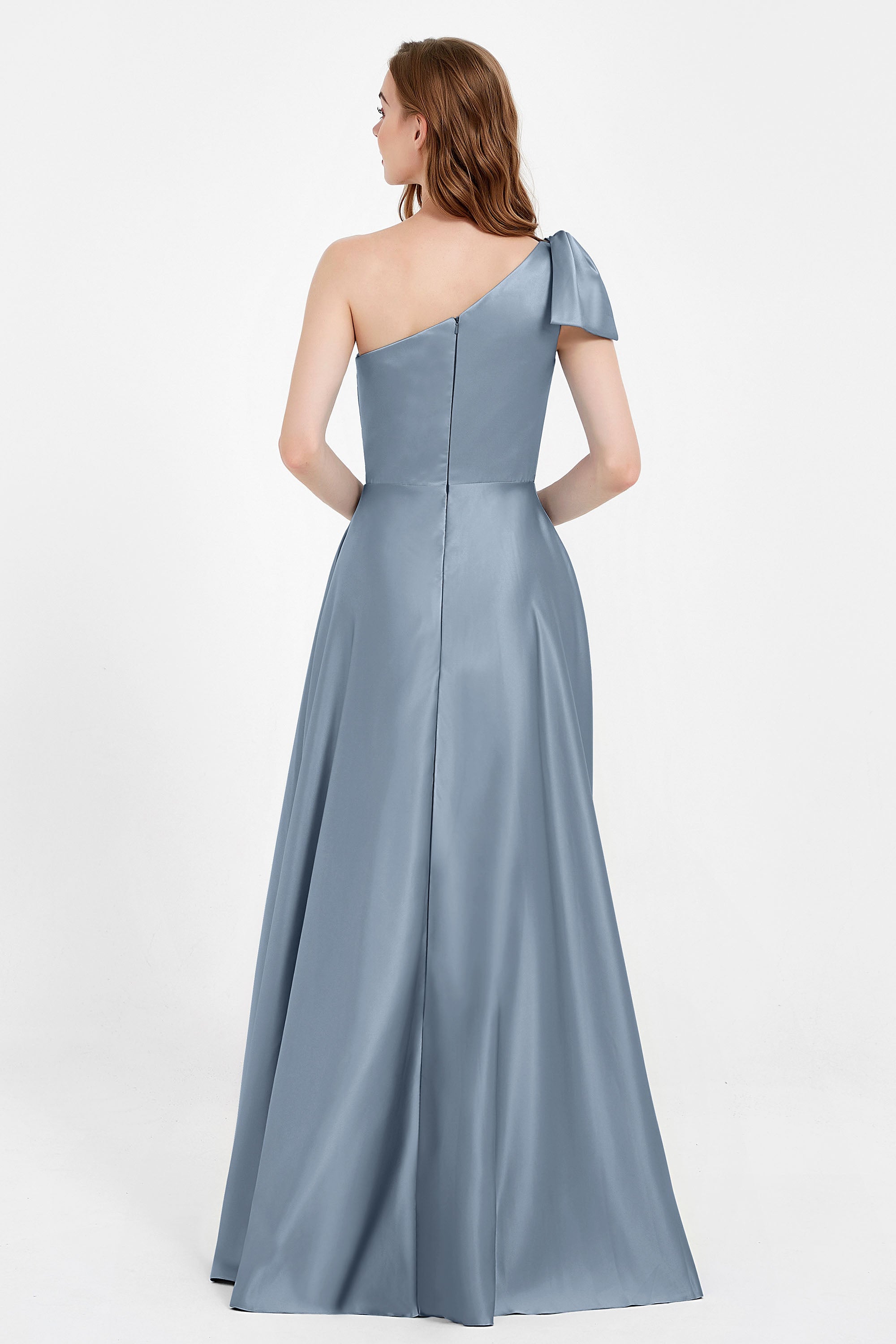 One Shoulder Satin Pleated Bridesmaid Dress Long Bowknot Formal Evening Party Dresses Gowns