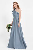 One Shoulder Satin Pleated Bridesmaid Dress Long Bowknot Formal Evening Party Dresses Gowns