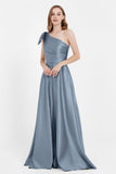 One Shoulder Satin Pleated Bridesmaid Dress Long Bowknot Formal Evening Party Dresses Gowns