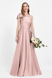 One Shoulder Satin Pleated Bridesmaid Dress Long Bowknot Formal Evening Party Dresses Gowns