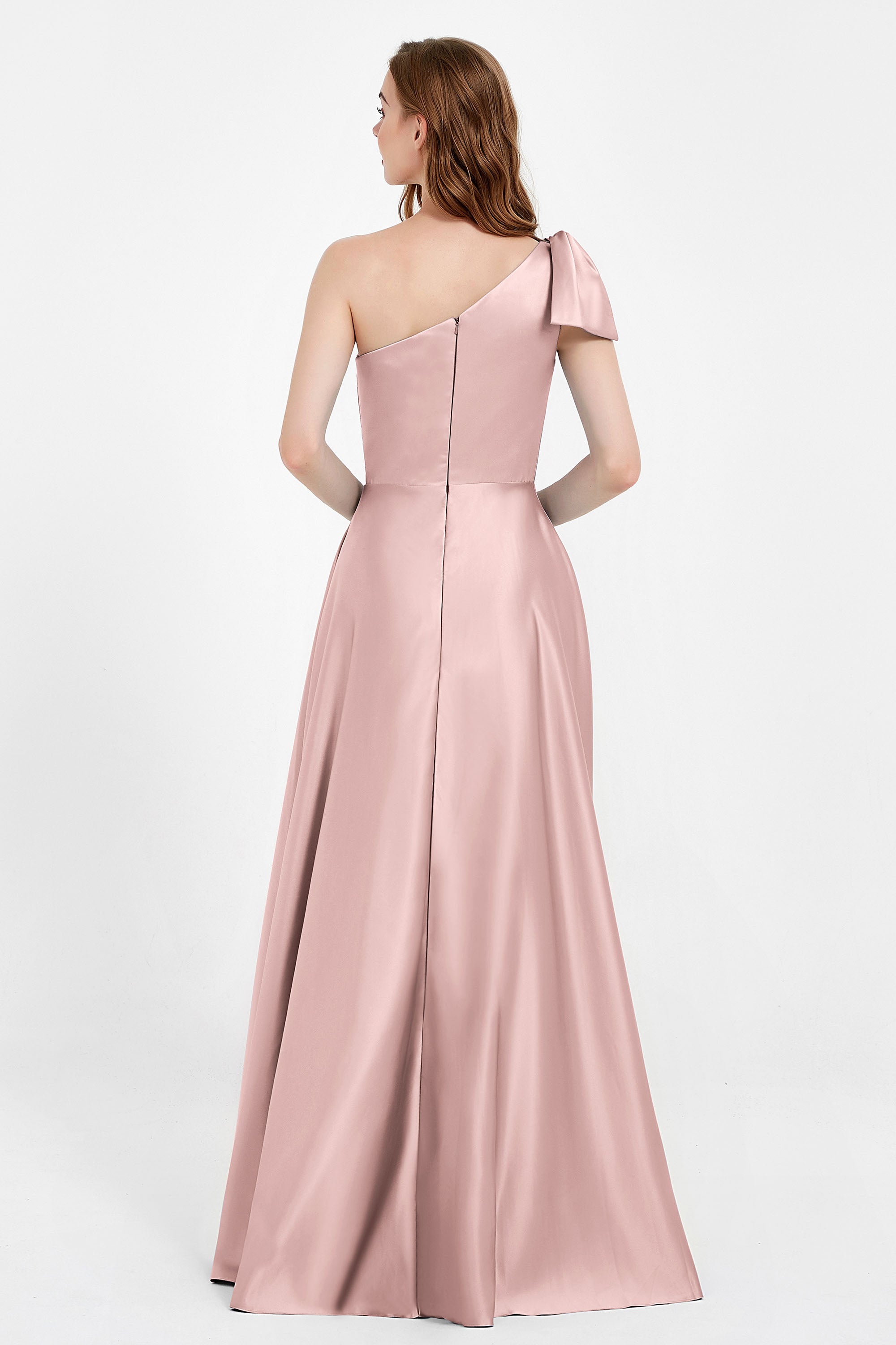 One Shoulder Satin Pleated Bridesmaid Dress Long Bowknot Formal Evening Party Dresses Gowns
