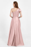 One Shoulder Satin Pleated Bridesmaid Dress Long Bowknot Formal Evening Party Dresses Gowns