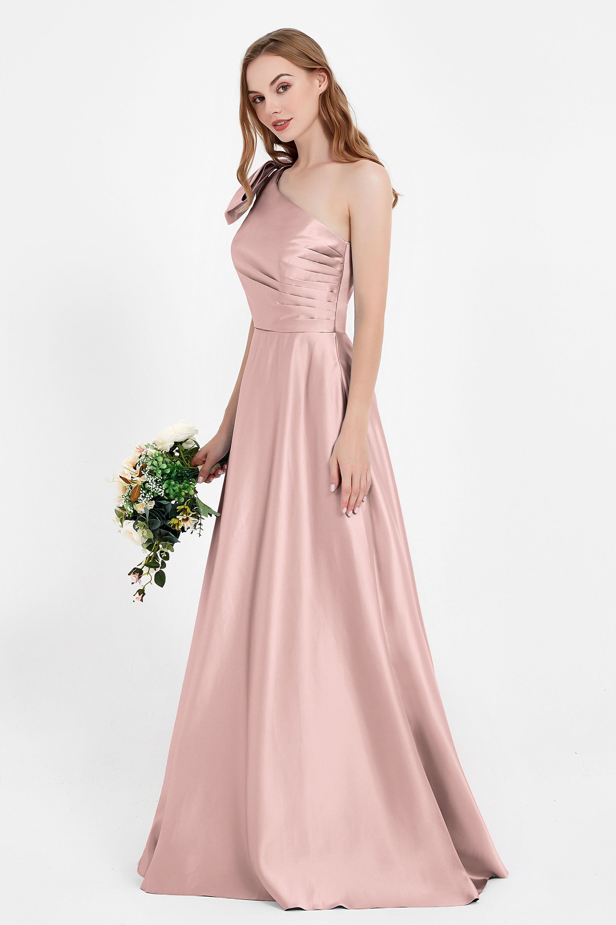 One Shoulder Satin Pleated Bridesmaid Dress Long Bowknot Formal Evening Party Dresses Gowns