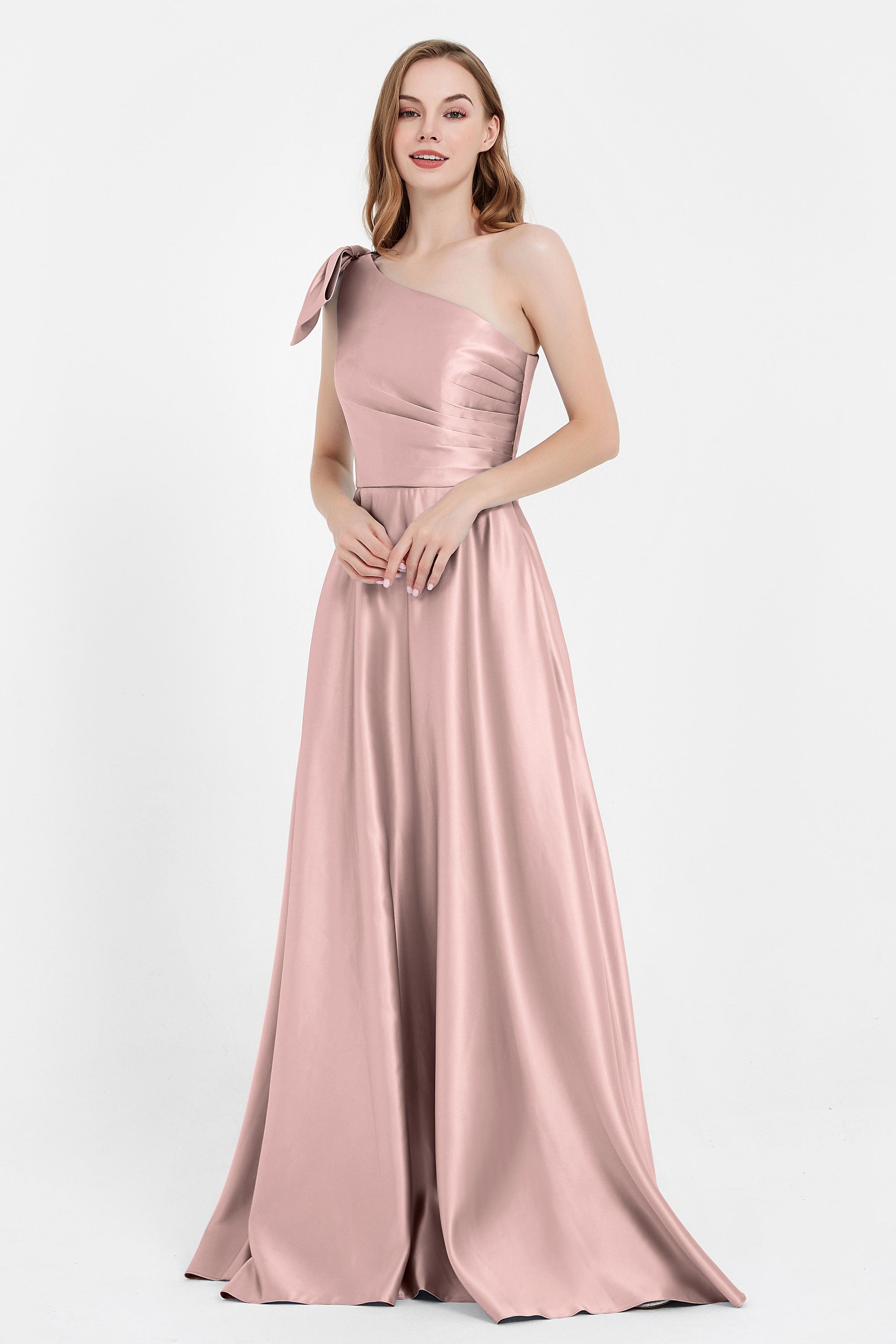 One Shoulder Satin Pleated Bridesmaid Dress Long Bowknot Formal Evening Party Dresses Gowns