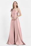 One Shoulder Satin Pleated Bridesmaid Dress Long Bowknot Formal Evening Party Dresses Gowns