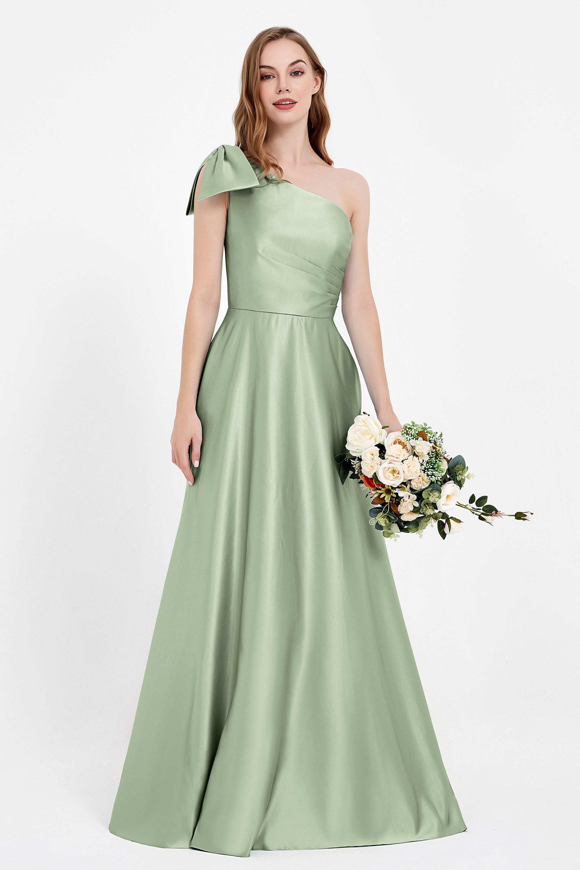 One Shoulder Satin Pleated Bridesmaid Dress Long Bowknot Formal Evening Party Dresses Gowns