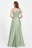 One Shoulder Satin Pleated Bridesmaid Dress Long Bowknot Formal Evening Party Dresses Gowns