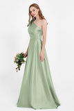 One Shoulder Satin Pleated Bridesmaid Dress Long Bowknot Formal Evening Party Dresses Gowns
