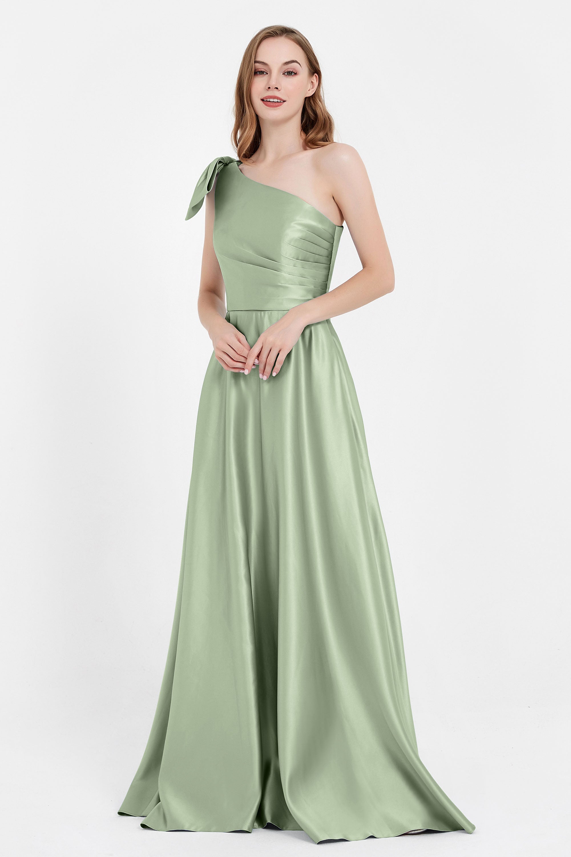 One Shoulder Satin Pleated Bridesmaid Dress Long Bowknot Formal Evening Party Dresses Gowns