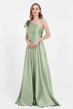 One Shoulder Satin Pleated Bridesmaid Dress Long Bowknot Formal Evening Party Dresses Gowns