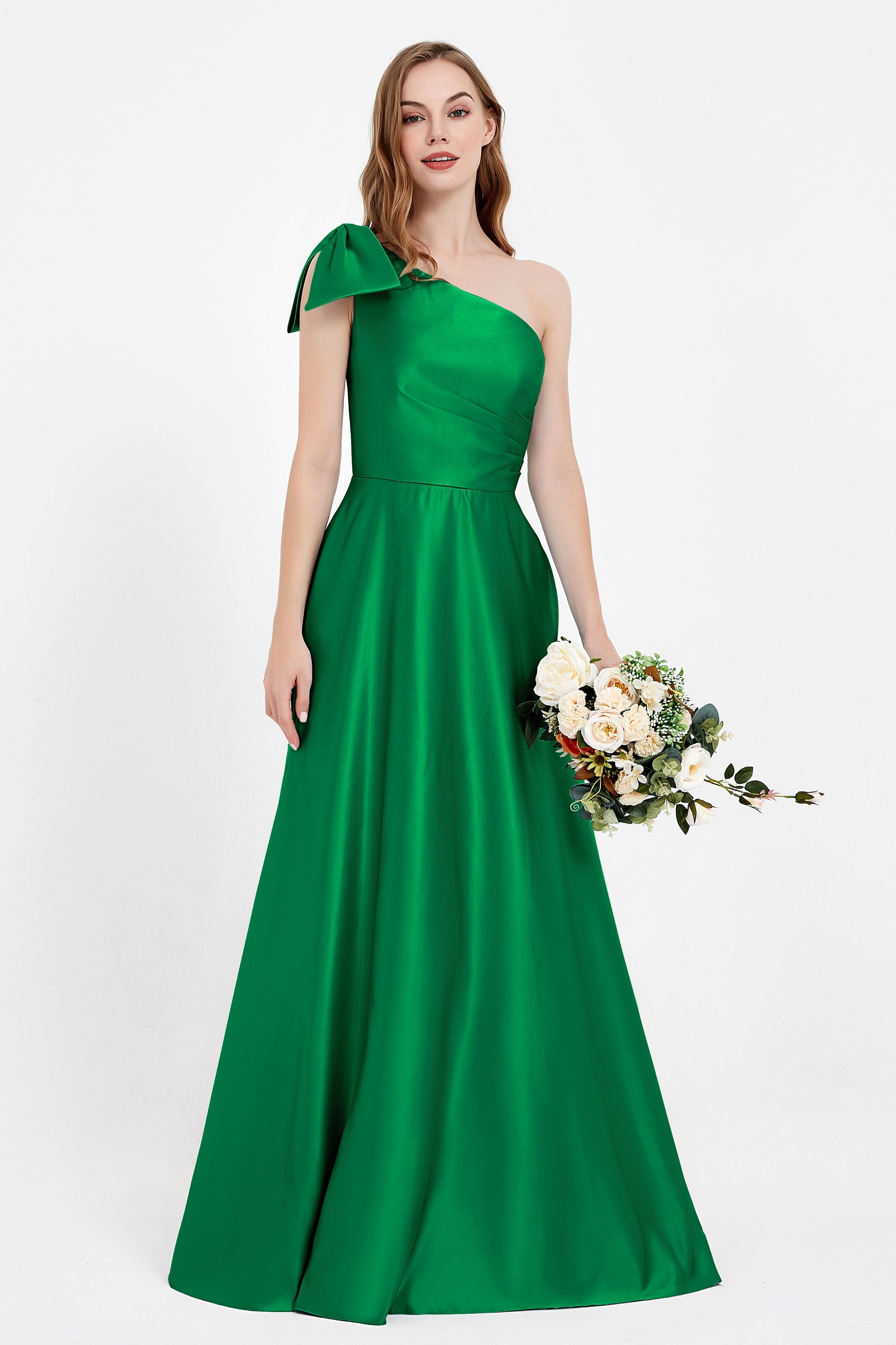 One Shoulder Satin Pleated Bridesmaid Dress Long Bowknot Formal Evening Party Dresses Gowns