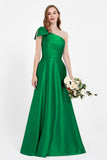 One Shoulder Satin Pleated Bridesmaid Dress Long Bowknot Formal Evening Party Dresses Gowns