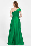 One Shoulder Satin Pleated Bridesmaid Dress Long Bowknot Formal Evening Party Dresses Gowns