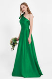 One Shoulder Satin Pleated Bridesmaid Dress Long Bowknot Formal Evening Party Dresses Gowns