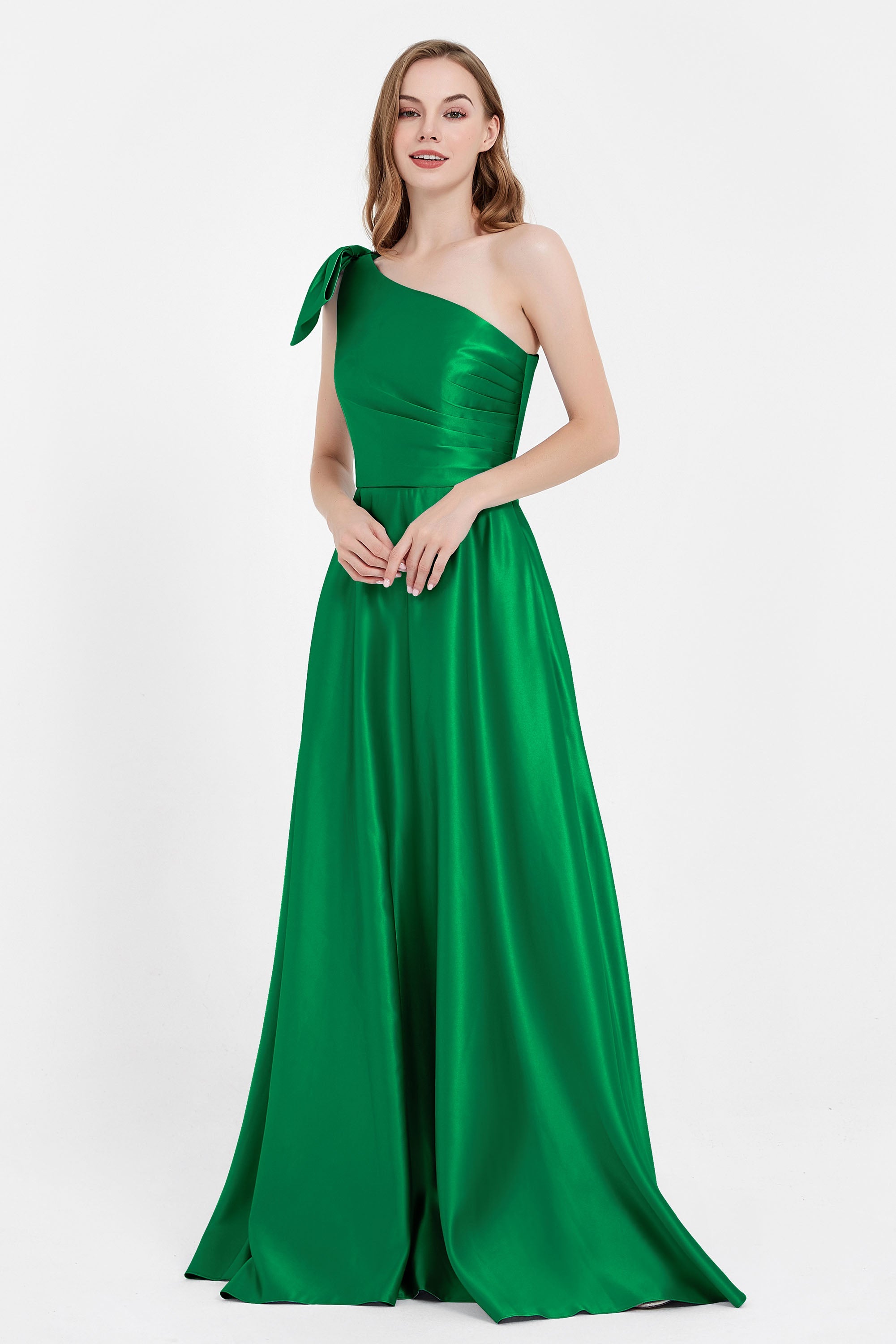 One Shoulder Satin Pleated Bridesmaid Dress Long Bowknot Formal Evening Party Dresses Gowns