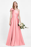 One Shoulder Satin Pleated Bridesmaid Dress Long Bowknot Formal Evening Party Dresses Gowns