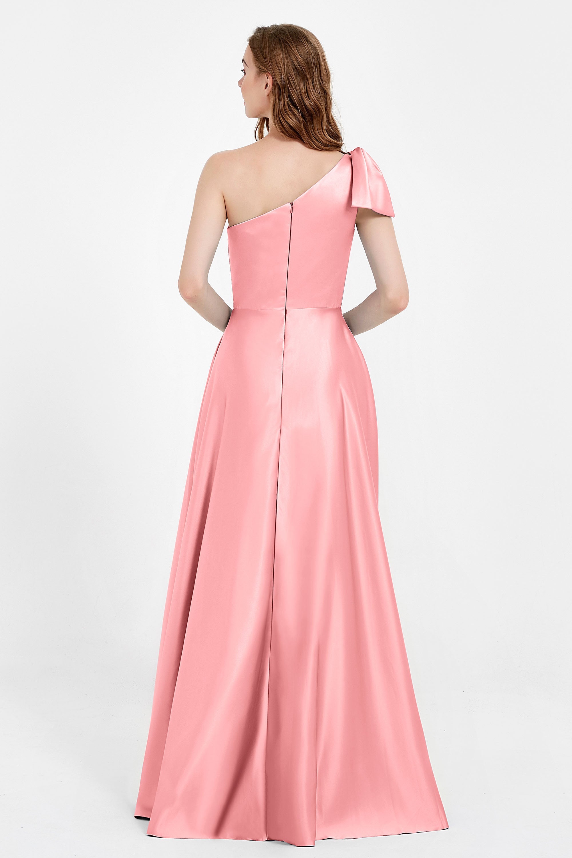 One Shoulder Satin Pleated Bridesmaid Dress Long Bowknot Formal Evening Party Dresses Gowns