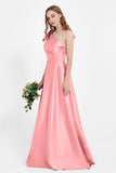 One Shoulder Satin Pleated Bridesmaid Dress Long Bowknot Formal Evening Party Dresses Gowns