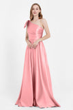 One Shoulder Satin Pleated Bridesmaid Dress Long Bowknot Formal Evening Party Dresses Gowns