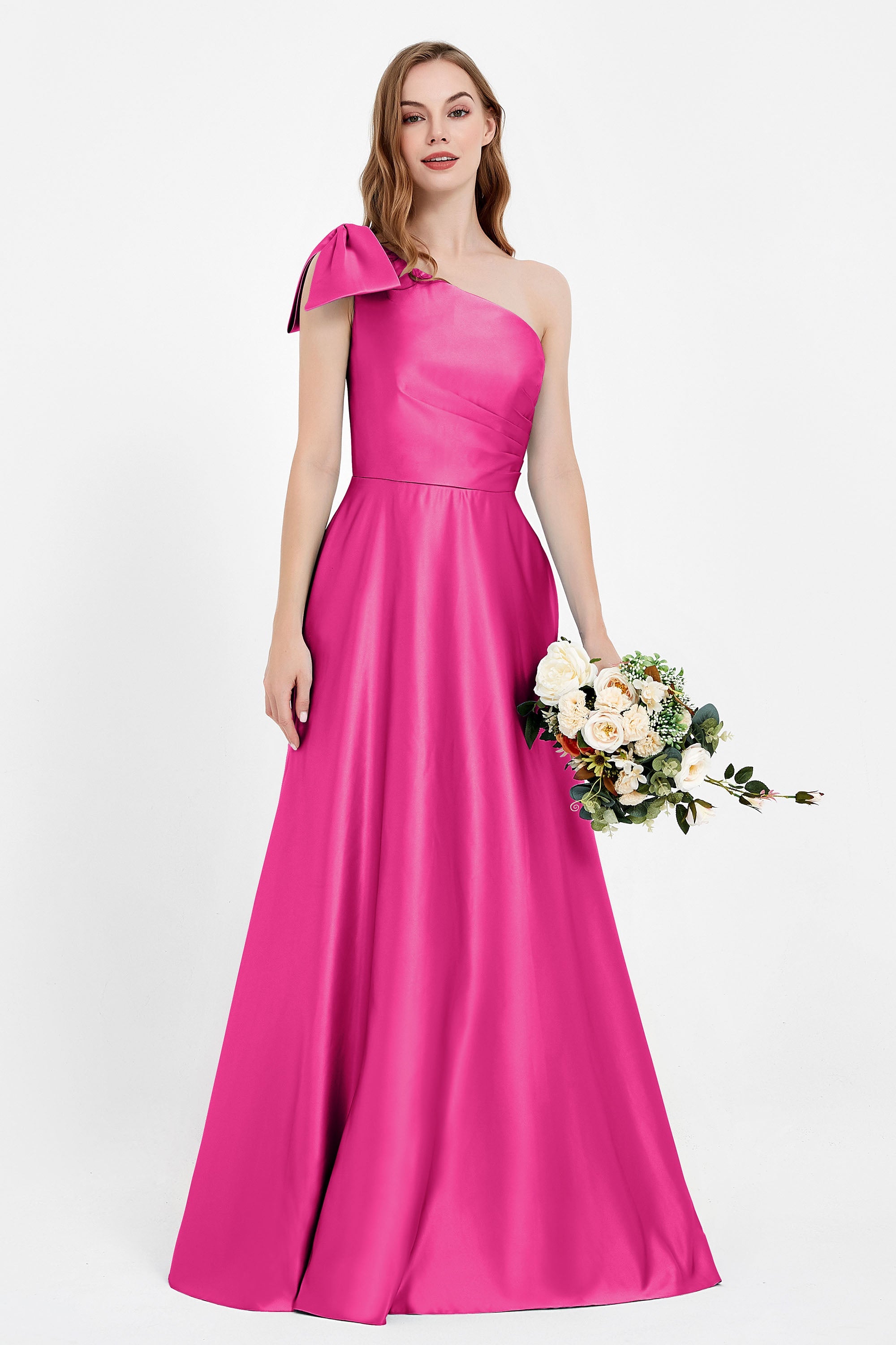 One Shoulder Satin Pleated Bridesmaid Dress Long Bowknot Formal Evening Party Dresses Gowns