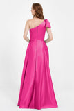 One Shoulder Satin Pleated Bridesmaid Dress Long Bowknot Formal Evening Party Dresses Gowns
