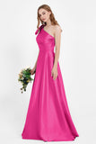 One Shoulder Satin Pleated Bridesmaid Dress Long Bowknot Formal Evening Party Dresses Gowns
