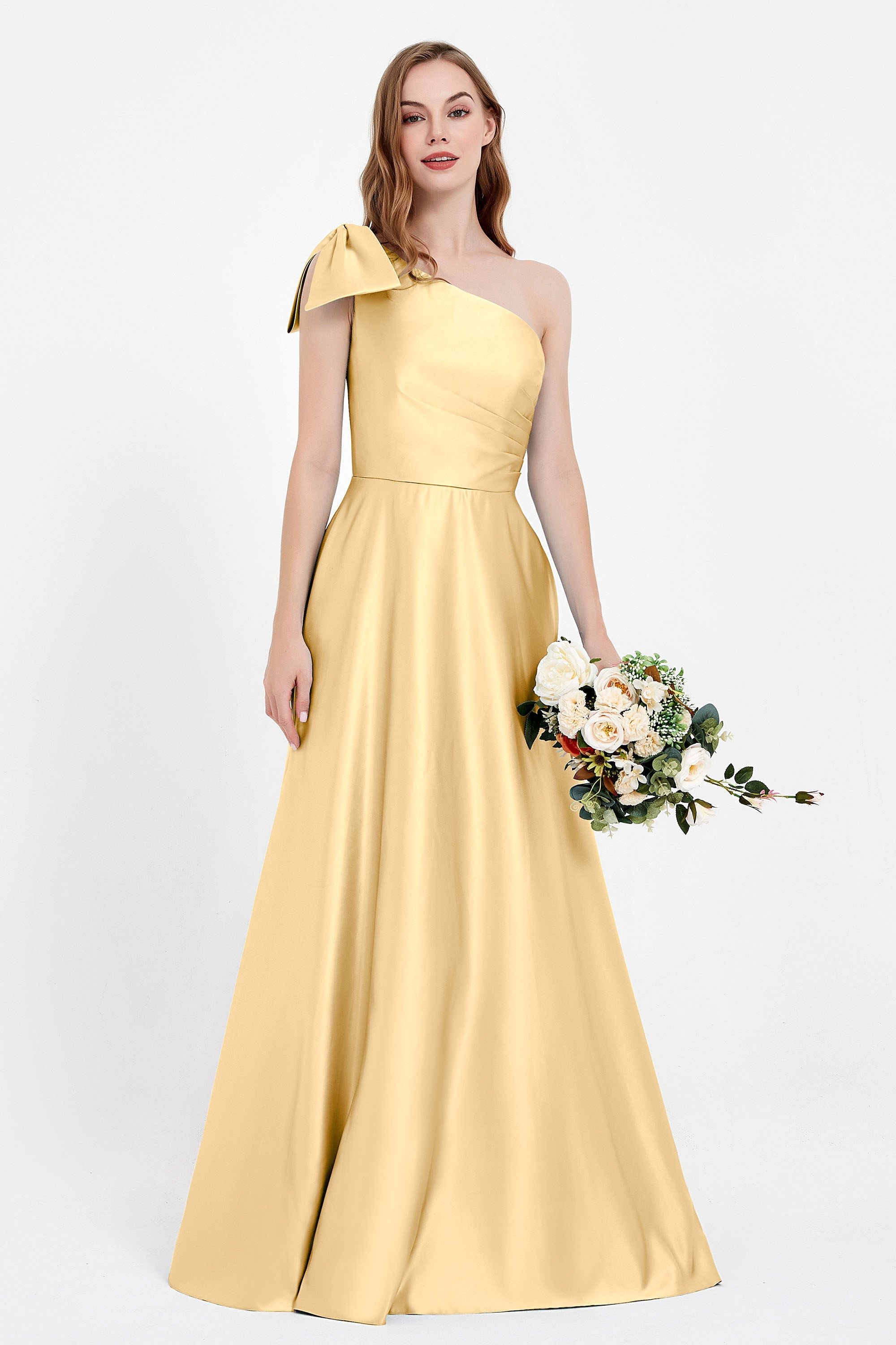 One Shoulder Satin Pleated Bridesmaid Dress Long Bowknot Formal Evening Party Dresses Gowns