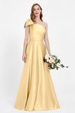 One Shoulder Satin Pleated Bridesmaid Dress Long Bowknot Formal Evening Party Dresses Gowns