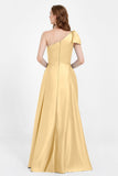 One Shoulder Satin Pleated Bridesmaid Dress Long Bowknot Formal Evening Party Dresses Gowns