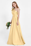 One Shoulder Satin Pleated Bridesmaid Dress Long Bowknot Formal Evening Party Dresses Gowns