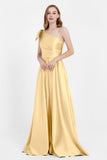 One Shoulder Satin Pleated Bridesmaid Dress Long Bowknot Formal Evening Party Dresses Gowns