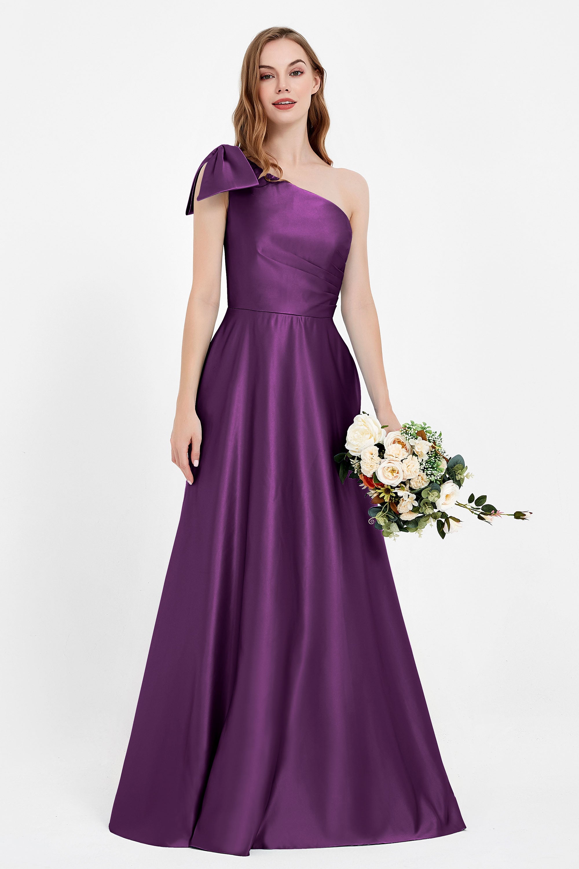 One Shoulder Satin Pleated Bridesmaid Dress Long Bowknot Formal Evening Party Dresses Gowns