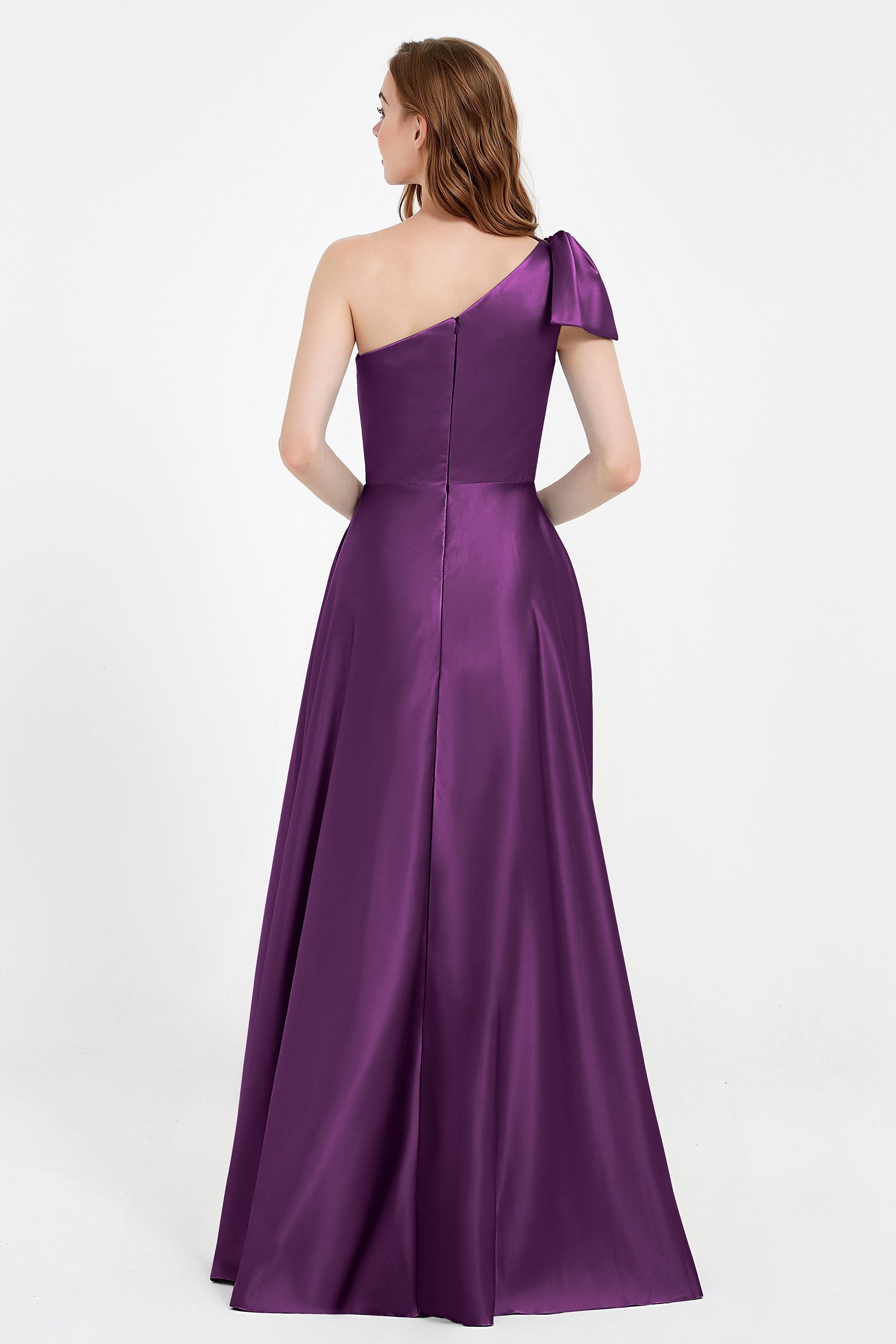 One Shoulder Satin Pleated Bridesmaid Dress Long Bowknot Formal Evening Party Dresses Gowns