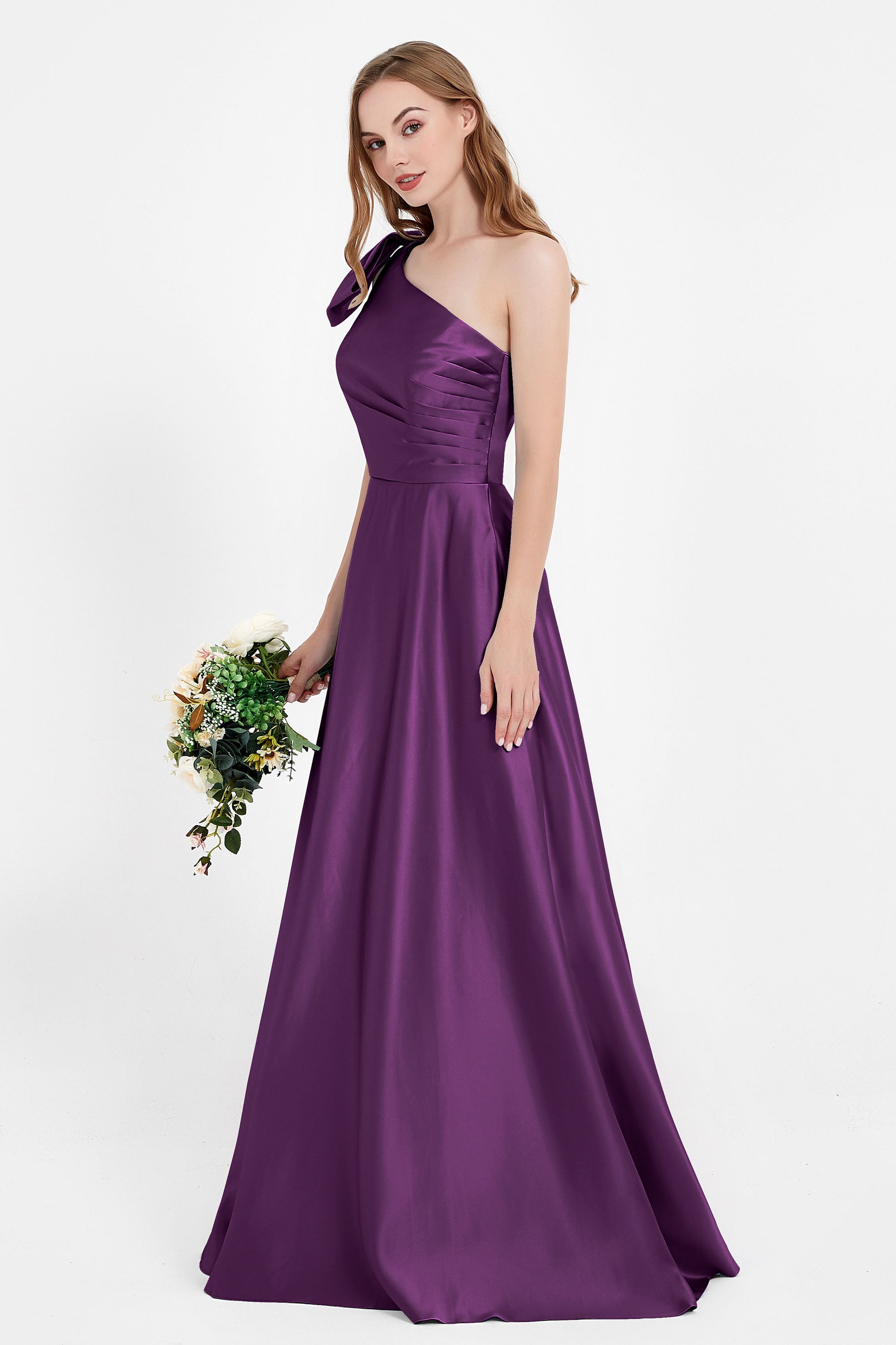 One Shoulder Satin Pleated Bridesmaid Dress Long Bowknot Formal Evening Party Dresses Gowns